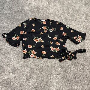 Lush Black Floral Wrap Blouse